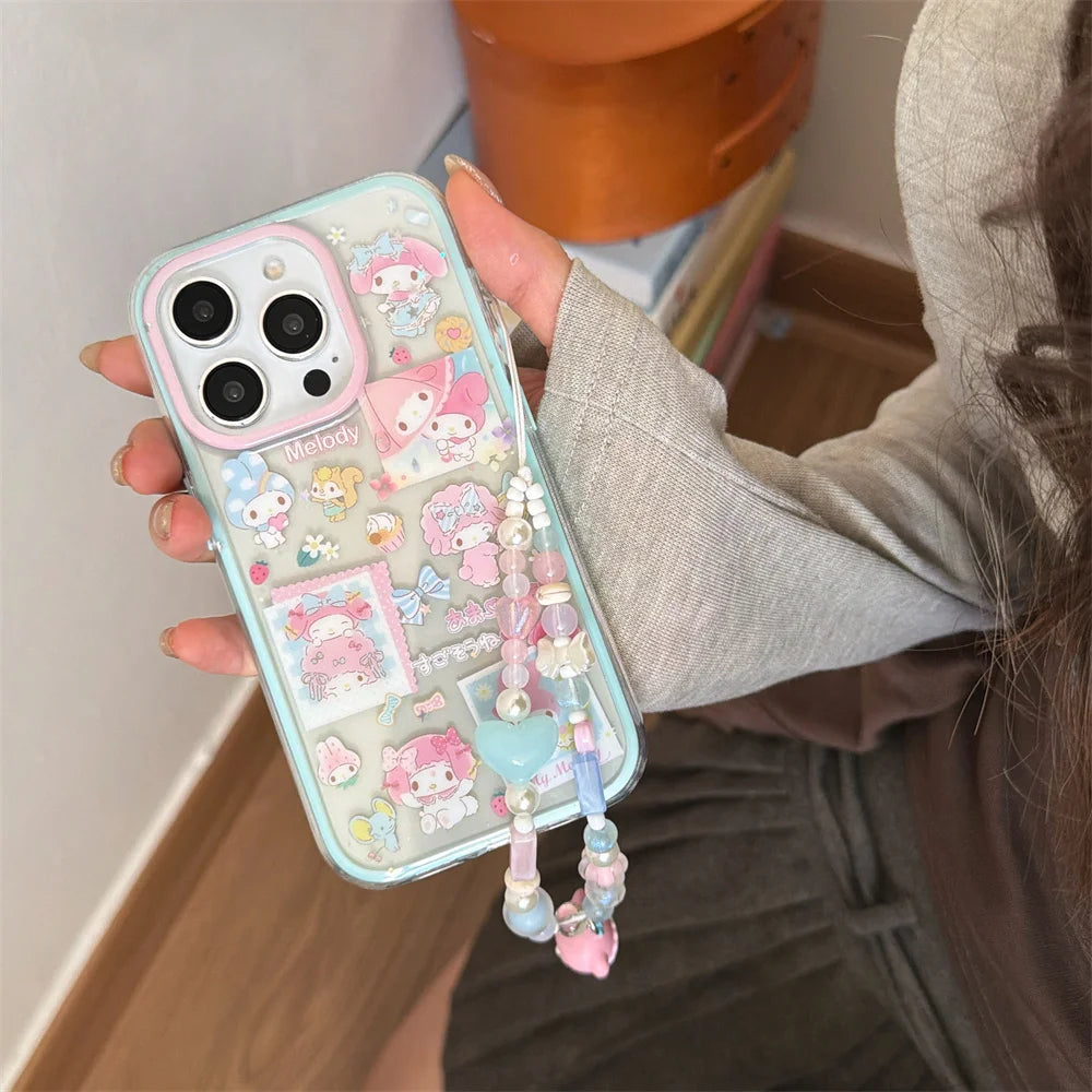 New Cute Melody Phone Case with Hanging Rope Compatible with iPhone 17 Promax 14, 15, 16 13Pro Max Protective Cover