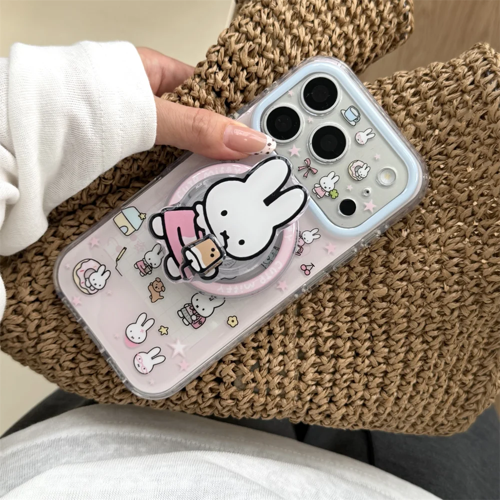 Cute Cherry Pink Miffy Rabbit Magnetic Phone case for iPhone 15 16 17 16 Pro Max 17 Pro Cover With Magsafe Stand Kawaii Cases