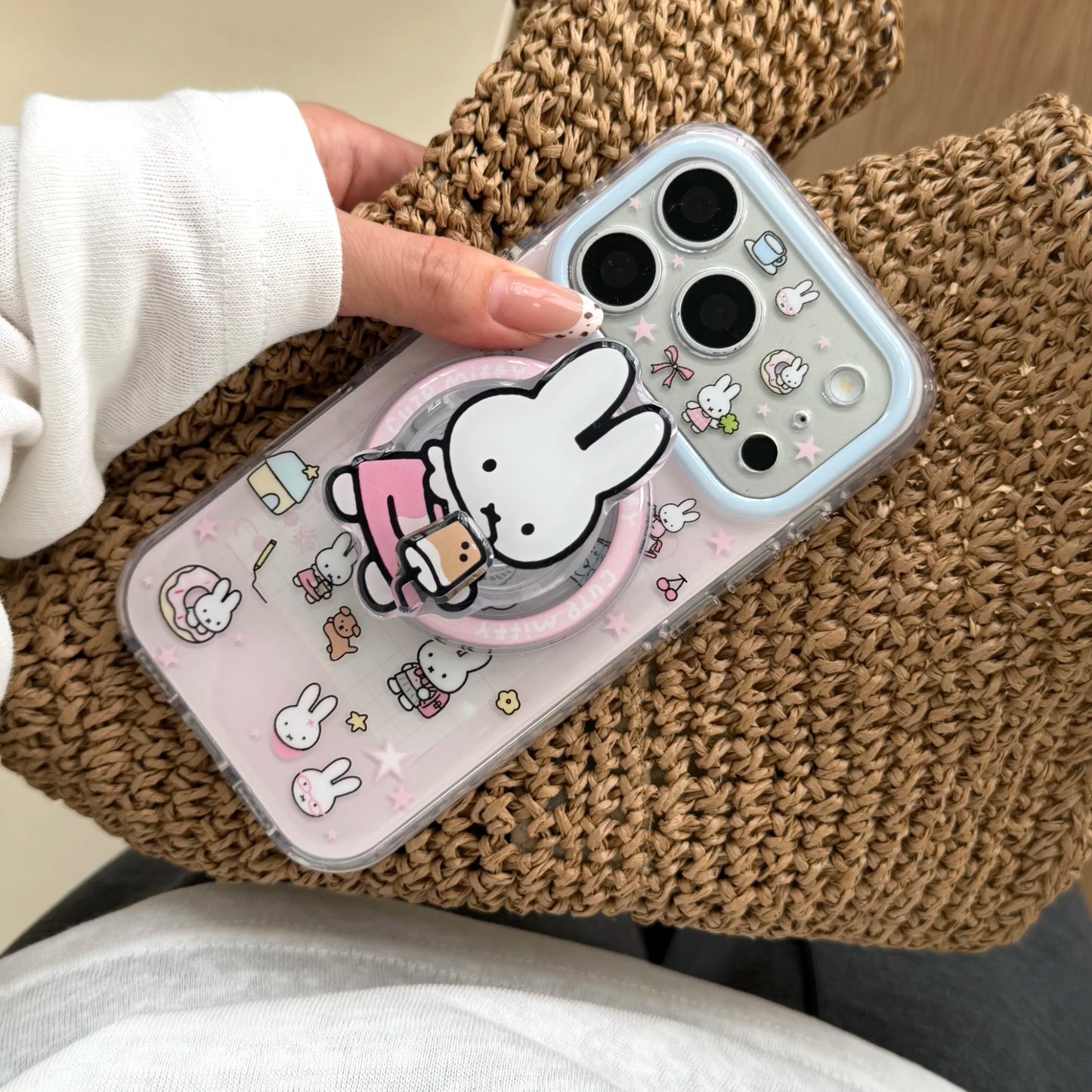 Cute Cherry Pink Miffy Rabbit Magnetic Phone case for iPhone 15 16 17 16 Pro Max 17 Pro Cover With Magsafe Stand Kawaii Cases