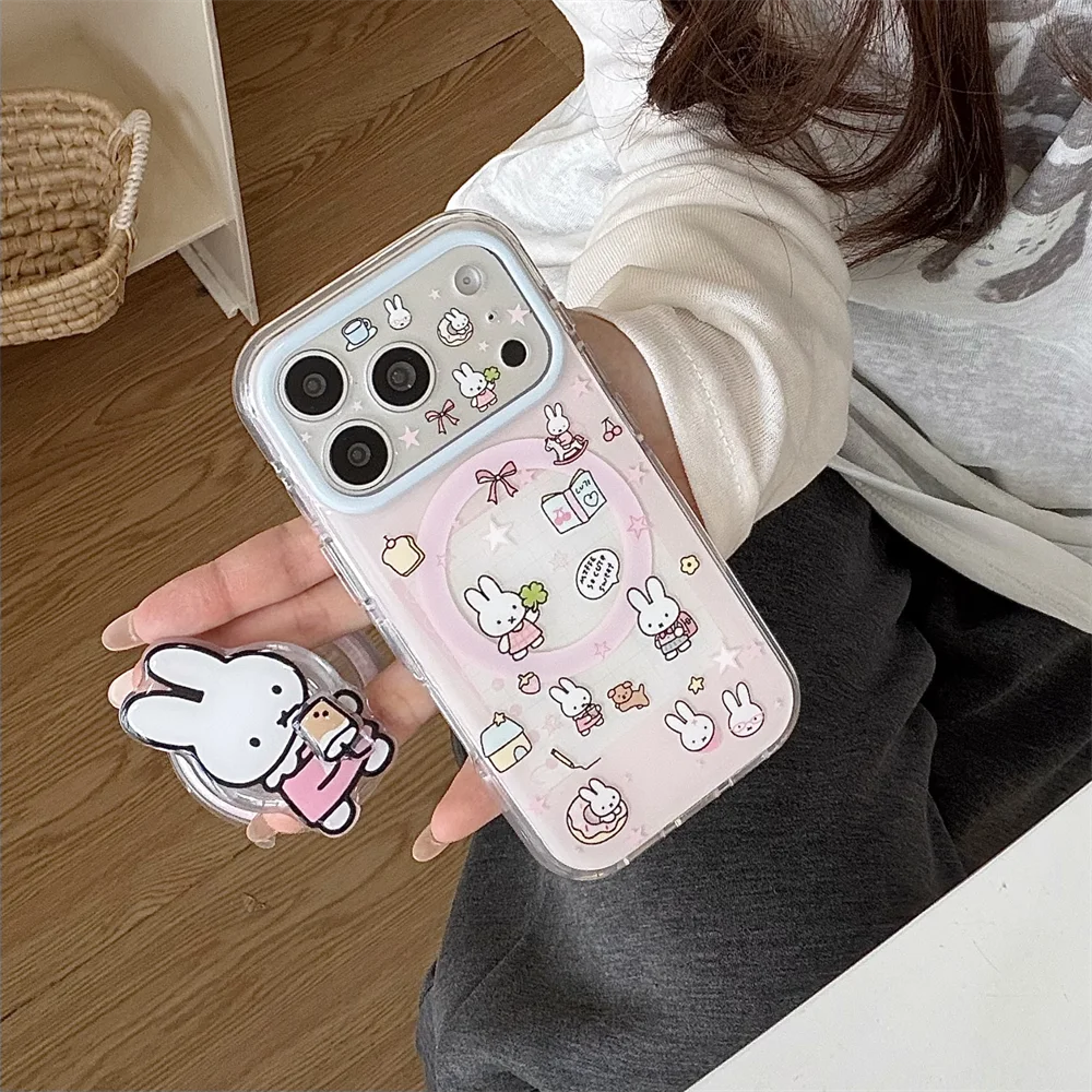 Cute Cherry Pink Miffy Rabbit Magnetic Phone case for iPhone 15 16 17 16 Pro Max 17 Pro Cover With Magsafe Stand Kawaii Cases