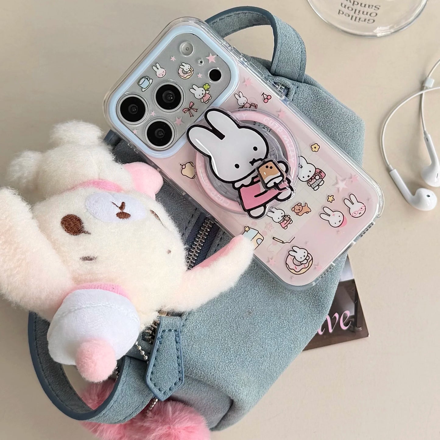 Cute Cherry Pink Miffy Rabbit Magnetic Phone case for iPhone 15 16 17 16 Pro Max 17 Pro Cover With Magsafe Stand Kawaii Cases