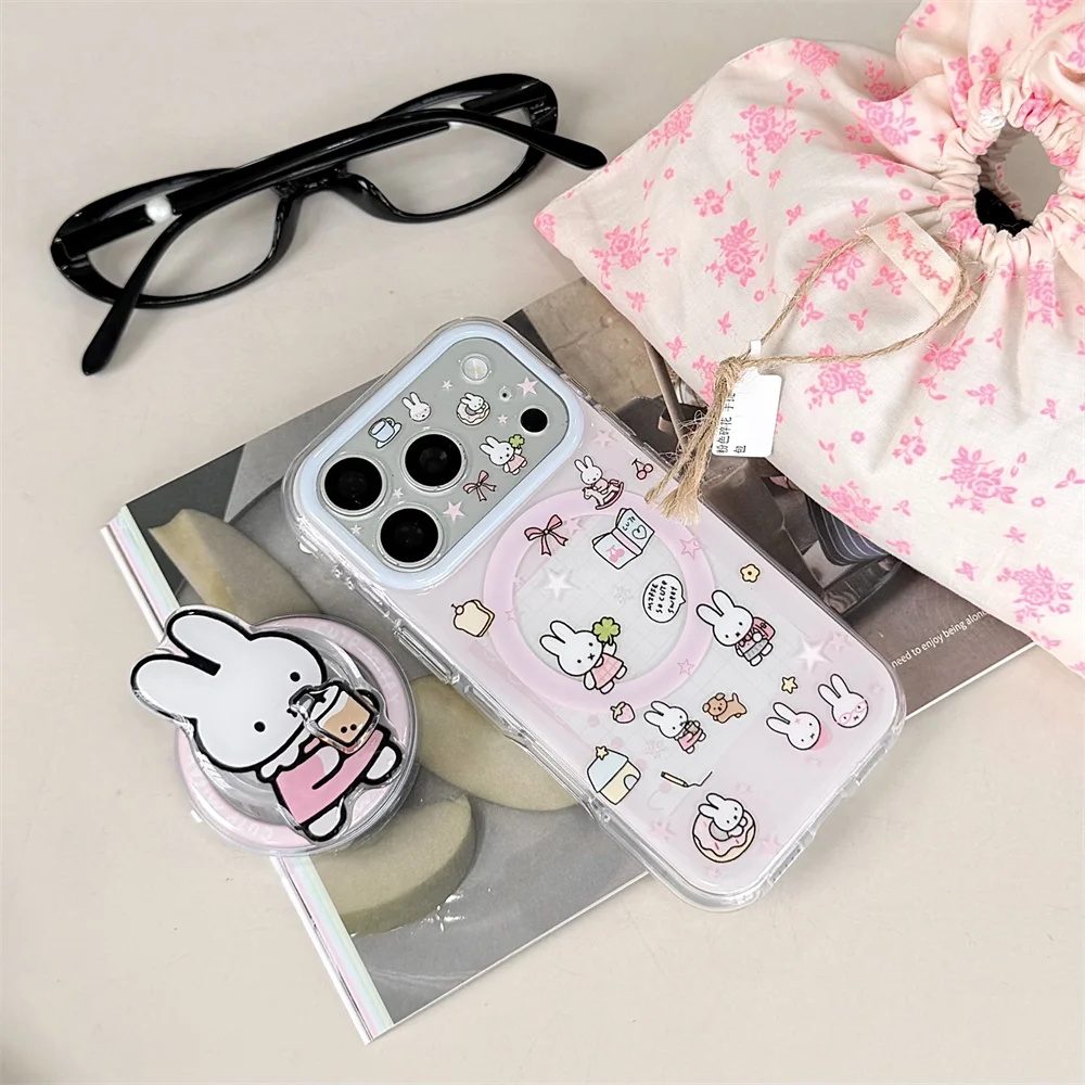 Cute Cherry Pink Miffy Rabbit Magnetic Phone case for iPhone 15 16 17 16 Pro Max 17 Pro Cover With Magsafe Stand Kawaii Cases
